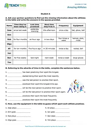 ESL Adverbs of Time Activity preview for Pre-intermediate A2 showing information gap, Q&A, and sports guessing