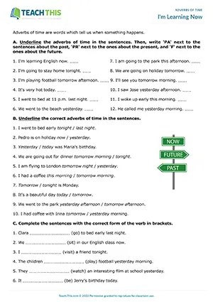 ESL Adverbs of Time Worksheet preview for Elementary A1-A2 showing adverb identification, gap-fill, and sentence completion