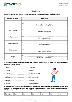 ESL Adverbs of Time Game preview for Elementary A1-A2 showing sentence writing, miming, and guessing activities