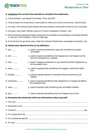ESL Time Adverbs: Relationships in Time Worksheet preview for Intermediate B1 showing matching, gap-fill, and comprehension activities