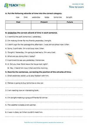 ESL Definite Adverbs of Time Worksheet preview for Pre-intermediate A2 showing categorising, error correction, and discussion