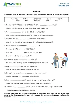 ESL Adverbs of Time Activity preview for Intermediate B1 showing conversation gap-fill and Q&A practice