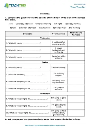 ESL Adverbs of Time Activity preview for Elementary A1-A2 showing timeline, question writing, and pair work