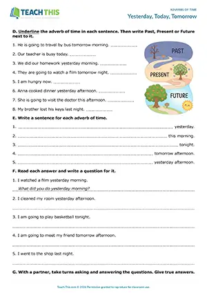 ESL Adverbs of Time Worksheet preview for Elementary A1-A2 showing adverb identification, gap-fill, and sentence completion
