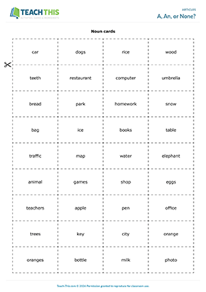 ESL Articles Game preview for Elementary A1-A2 showing matching and forming general sentences