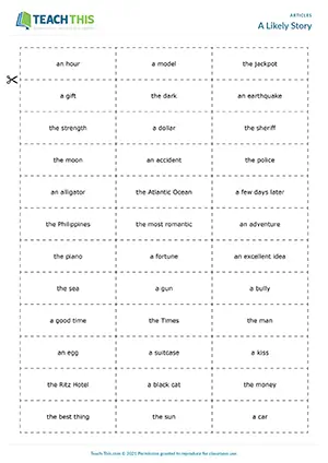 ESL Articles Activity preview for Intermediate B1 showing group story writing with article and noun cards