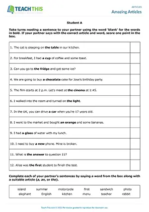 ESL Articles Activity preview for Elementary A1-A2 showing gap-fill and guessing in pairs