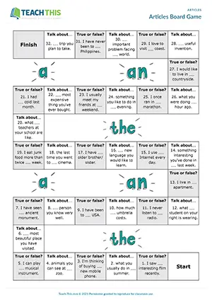 ESL Articles Board Game preview for Pre-intermediate showing gap-fill, true or false statements, and impromptu speech