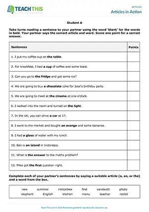 ESL Articles Activity preview for Elementary A1-A2 showing gap-fill and guessing in pairs