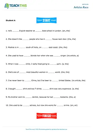 ESL Articles Game preview for Pre-intermediate A2 showing sentence completion and error correction in pairs