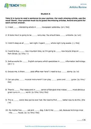 ESL Articles Activity preview for Pre-intermediate A2 showing sentence completion, gap-fill, and pair work