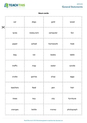 ESL Articles Game preview for Elementary A1-A2 showing matching and forming general statements