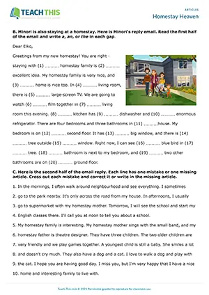 ESL Articles Worksheet preview for Pre-intermediate A2 showing binary choice, gap-fill, and error correction