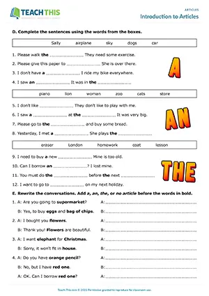 ESL Articles Worksheet preview for Elementary A1-A2 showing drawing, listing, gap-fill, and rewriting exercises
