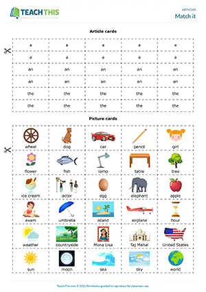 ESL Articles Game preview for Elementary A1-A2 showing article and noun card matching and sentence creation