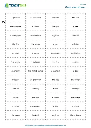 ESL Articles Activity preview for Intermediate B1 showing story writing and group work with article and noun cards
