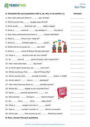 ESL Articles Game preview for Intermediate B1 showing quiz questions, gap-fill, and pair work