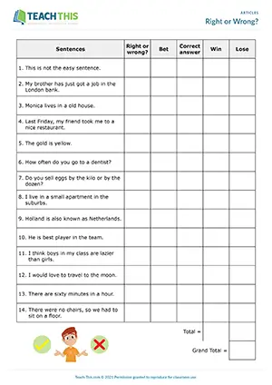 ESL Articles Activity preview for Pre-intermediate A2 showing error correction and betting game