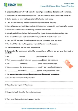 Have/Get Something Done worksheet for B1: underline, complete, correct, rewrite, and discussion