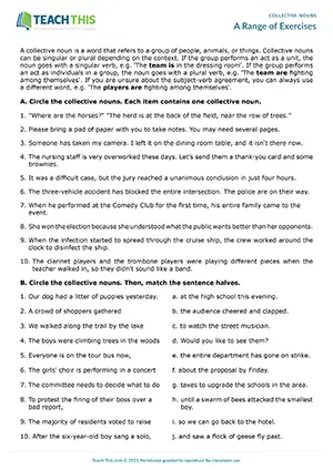 ESL Collective Nouns Worksheet preview for Upper-intermediate B2 showing identification, matching, gap-fill, ranking and sentence writing