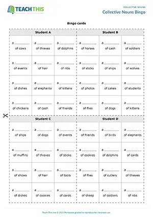 ESL Collective Nouns Worksheet and Game preview for Upper-intermediate B2 showing matching, gap-fill, and bingo group work