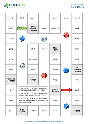 ESL Collective Nouns Board Game preview for Upper-intermediate B2 showing sentence and question formation group work
