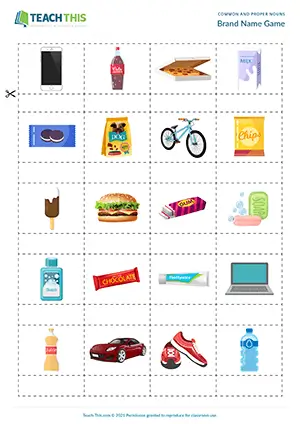 ESL Common and Proper Nouns Game preview for Elementary A1-A2 showing brand name association and group play