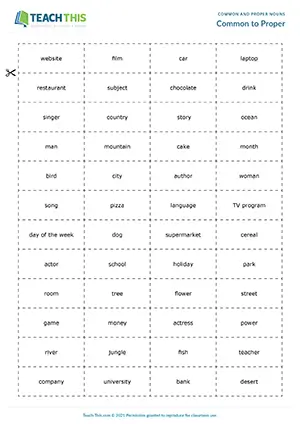 ESL Common and Proper Nouns Game preview for Pre-intermediate A2 showing word association and group work