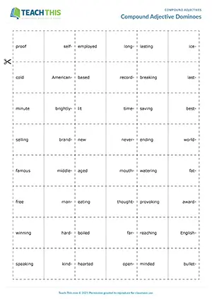 ESL Compound Adjectives Game preview for Upper-intermediate B2 showing domino matching, forming, and sentence creation