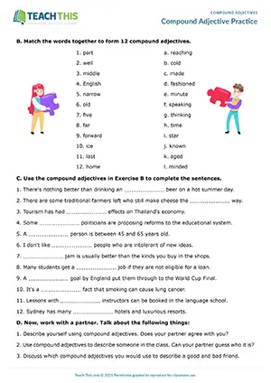 ESL Compound Adjectives Worksheet preview for Intermediate B1 showing forming words, matching, gap-fill, and describing nouns