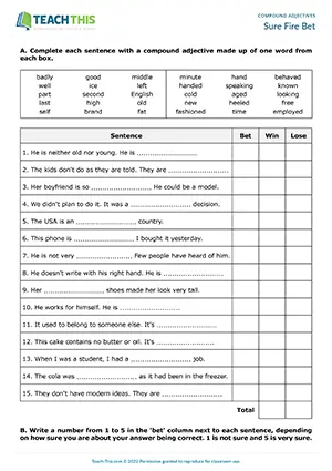 ESL Compound Adjectives Game preview for Intermediate B1 showing matching, gap-fill and betting activity