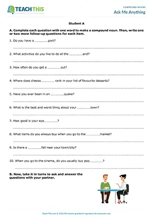 ESL Compound Nouns Activity preview for Intermediate B1 showing gap-fill, question prompts, and pair/group practice