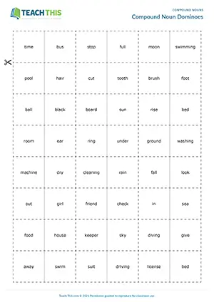 ESL Compound Nouns Game preview for Intermediate B1 showing domino matching and group sentence practice
