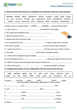 ESL Nouns Modifying Nouns Worksheet preview for Upper-intermediate with identifying, writing definitions, collocations, and gap-fill