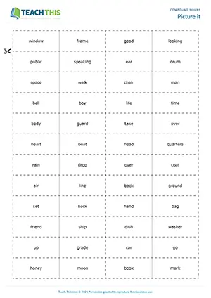 ESL Compound Nouns Game preview for Intermediate B1 showing drawing, guessing, and word formation group activity