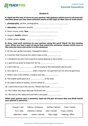 ESL concrete nouns activity preview for pre-intermediate A2: identifying, matching, gap-fill, pair work