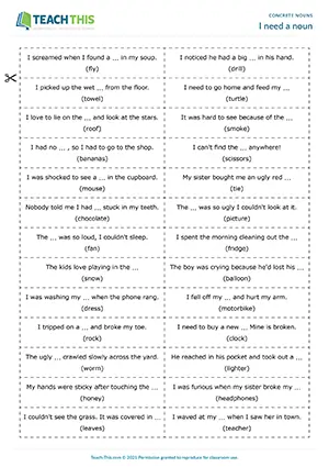 ESL concrete nouns game preview for pre-intermediate A2: miming, guessing, group work