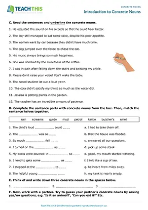 ESL concrete nouns worksheet preview for intermediate B1: identifying, gap-fill, matching, speaking, pair work