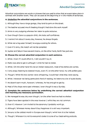 ESL adverbial conjunctions worksheet preview upper-intermediate B2: identifying, error correction, matching