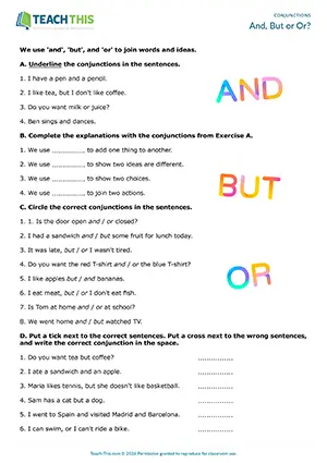 ESL conjunctions worksheet preview elementary A1-A2: and, but, or, grammar, gap-fill, error correction