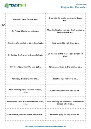 ESL coordinating conjunctions story-building game preview elementary A1-A2: sentence completion, group work