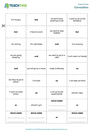 ESL coordinating conjunctions game preview elementary A1-A2: forming sentences, group work