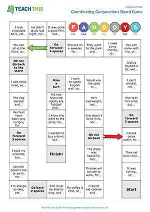 ESL conjunctions board game preview intermediate B1: sentence completion, group work