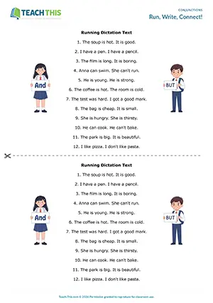 ESL And and But activity preview elementary A1-A2: running dictation, rewriting, pair work