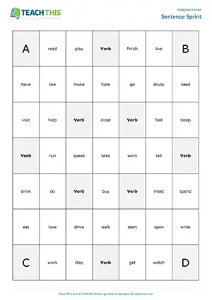 ESL  conjunctions board game preview elementary A1-A2: sentence formation, group work