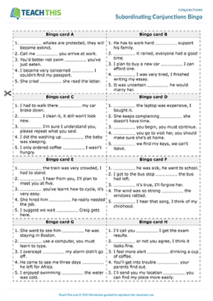 Subordinating Conjunctions Chart