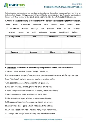 ESL subordinating conjunctions worksheet preview upper-intermediate B2: categorising, writing, gap-fill