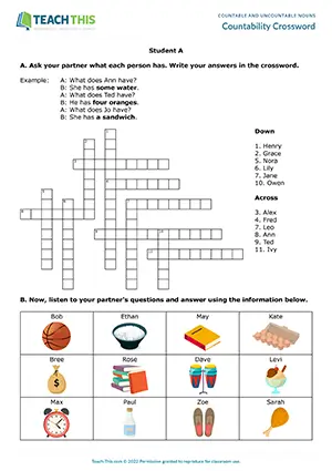 ESL countable and uncountable nouns crossword elementary A1-A2: asking and answering, pair work