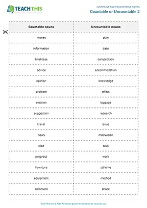 ESL countable or uncountable nouns game preview intermediate B1: categorising, forming sentences, pair work