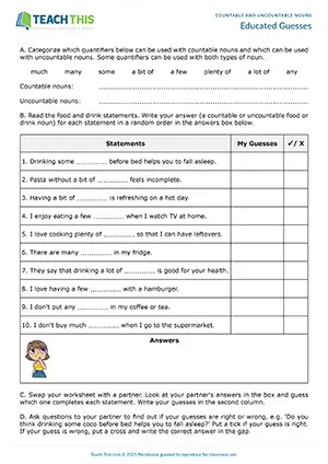 ESL countable or uncountable nouns game preview intermediate B1: categorising, gap-fill, guessing, pair work